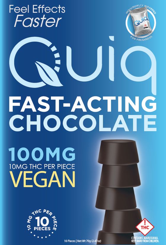 Quiq Fast-Acting Chocolate recreational bag: 100mg THC, 10 individually wrapped vegan dark chocolate pieces at 10mg each