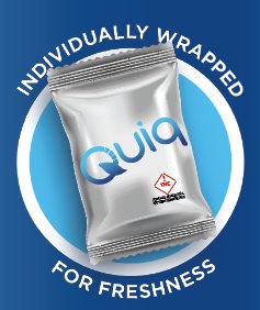 A single Quiq chocolate piece sealed in a silver wrapper with the Quiq logo
